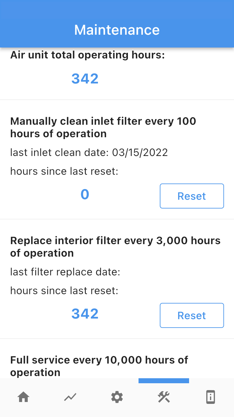 Altitude Tent Maintenance Screen